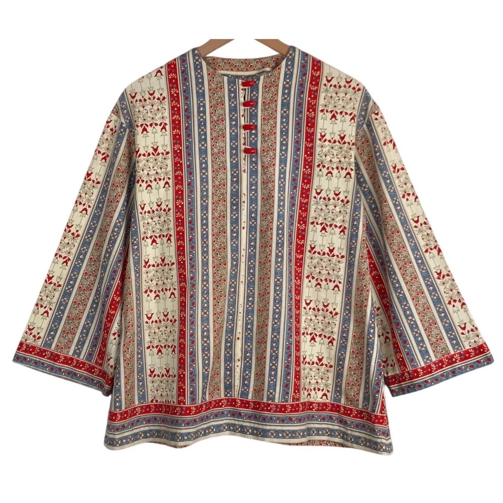 VTG 70s Handmade Floral Striped Toggle Button Tunic Top Sz M Red Blue Cream Boho